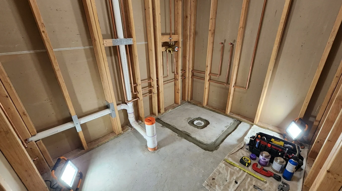 Bathroom rough-in plumbing during remodel by Johns Plumbing LLC in Amsterdam