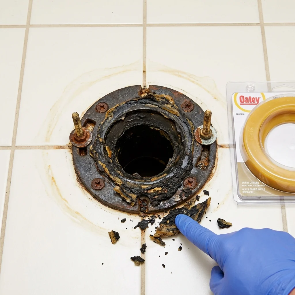 Failed wax ring showing water seepage at the base of a toilet in a Amsterdam, NY home