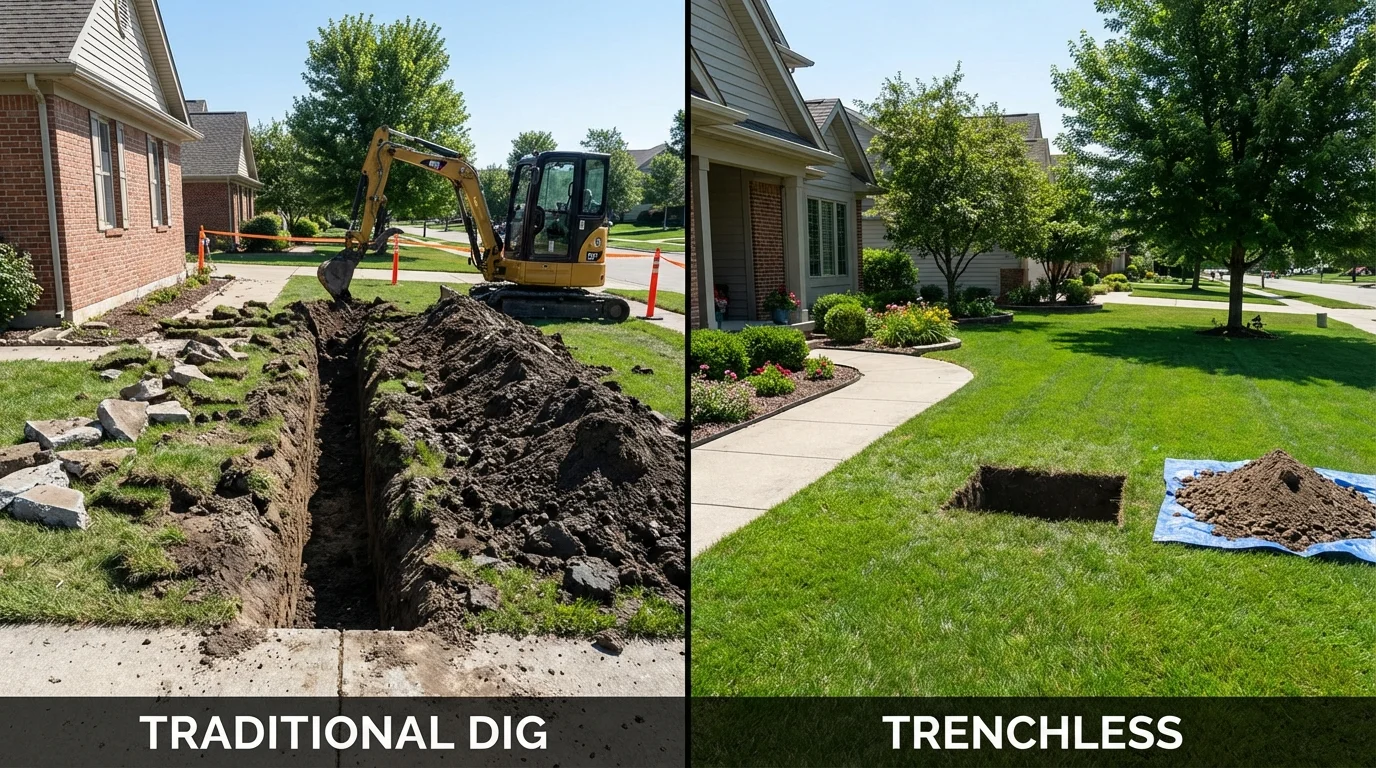 Trenchless sewer repair with minimal yard damage versus traditional excavation in Amsterdam, NY